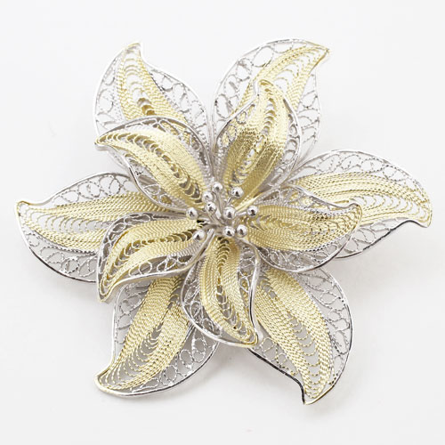 送料無料 イタリア ヴィチェンツァ ダニーロ ミンガルディ Danilo Mingaldi 手作り ツーカラー シルバー925 フィリグラーナ ブローチ モダン フラワー 花 3735 Dm18 ジュエリーウォーク心斎橋