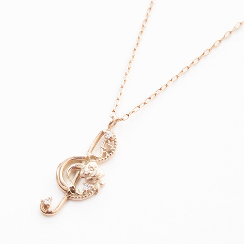 【送料無料】【日本製】10金/K10PG/ピンクゴールド ペンダント/ネックレス ダイヤモンド/0.01ct 音符/ト音記号/音楽 アズキチェーン  5173-PG16