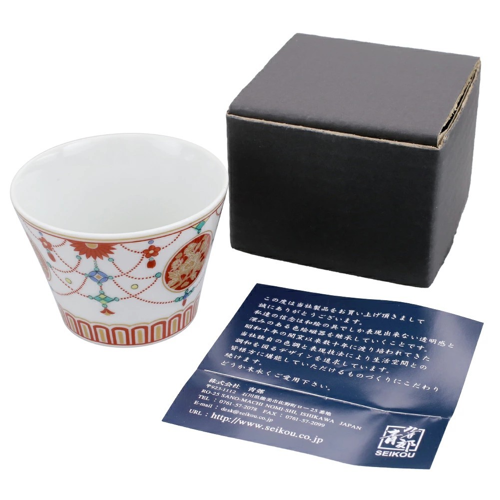 日本製 九谷焼/九谷五彩 磁気/陶器/陶磁器 縁起物/縁起カップ/フリーカップ/スープカップ 瓔珞文 華やか/鮮やか 7653-SK26 ...