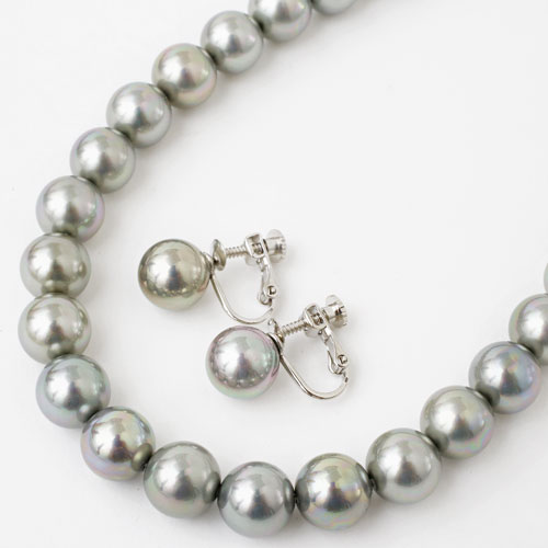 シェルパール 10mm珠 グレー ネックレス&ピアス セット 1730-PG11