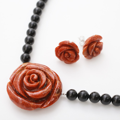 コーラル ネックレス ピアス 薔薇 ローズ 海の宝石 パッションコーラル・バラ彫り 3577-FS20